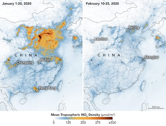 Virs Ķīnas pazeminās slāpekļa dioksīda daudzums gaisā. 2020 gada janvāris-februāris @ NASA Earth Observatory