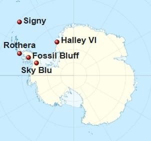 British Antarctic Survey pētniecības staciju karte