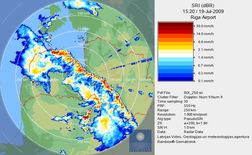Meteoroloģiskie radari un zibens izlāžu karte